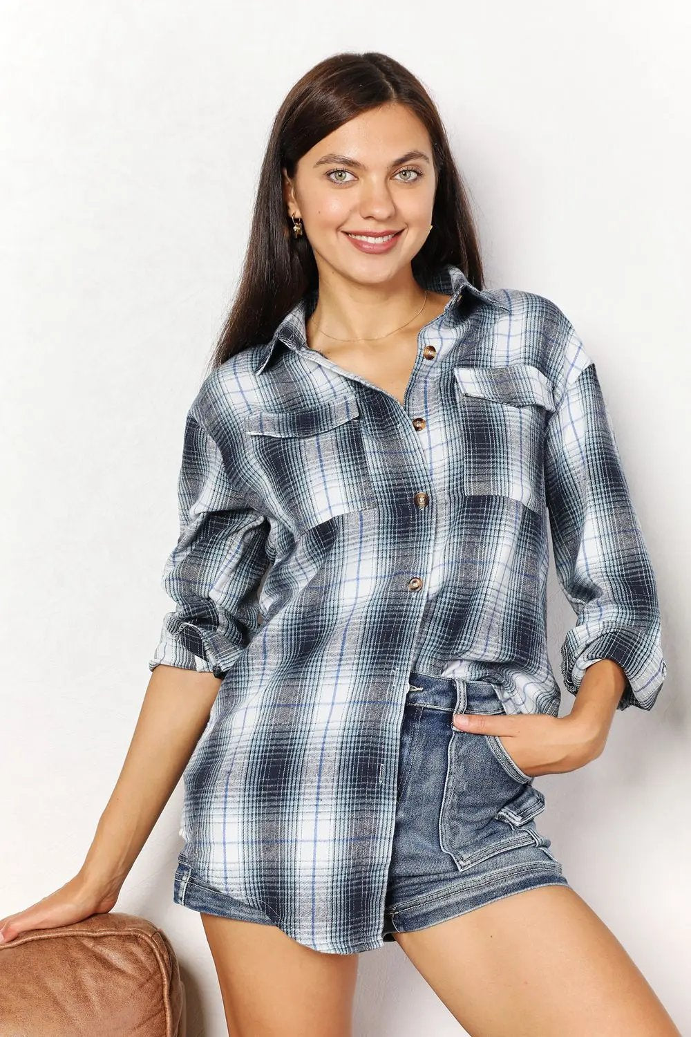 Double Take Plaid Dropped Shoulder Shirt - Love Salve